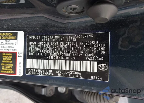 2016 Toyota Camry Hybrid Le from USA, damaged, VIN 4T1BD1FK4GU183574
